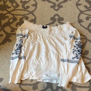 American Eagle Outfitters White Blouse with Blue Embroidery